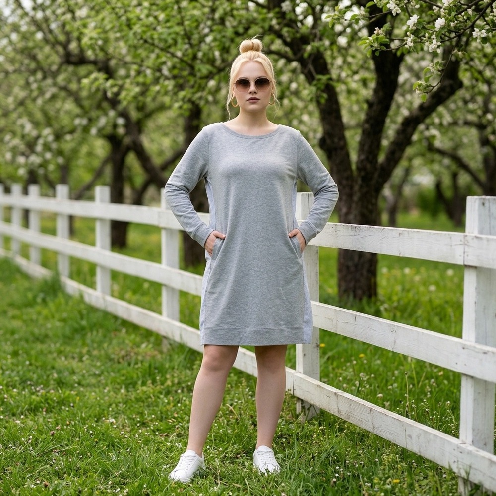 Caslon Womens Gray Striped Mixed Media Sweatshirt Dress L Pockets Drawstring